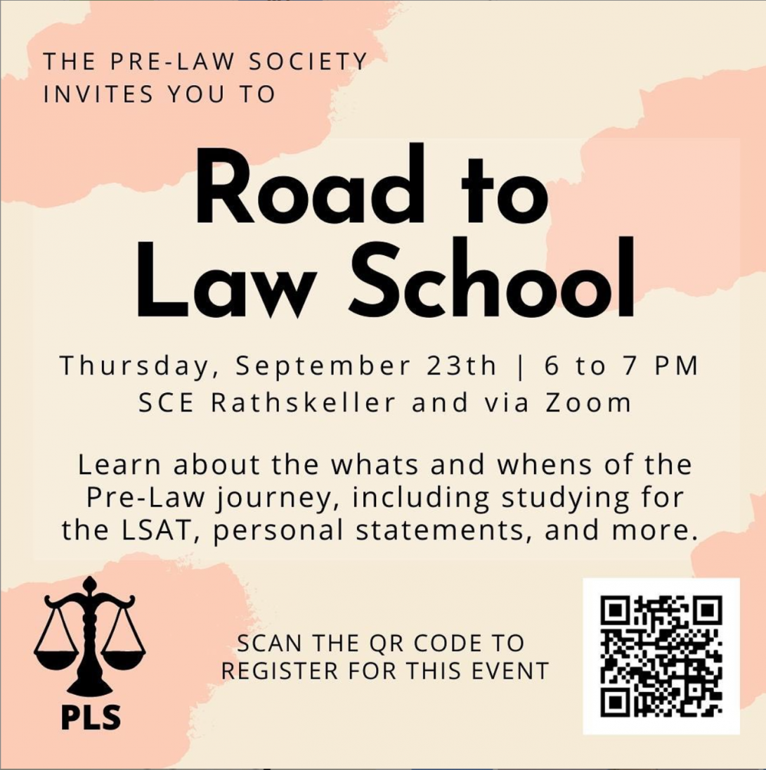 Pre-Law society road to law school event flyer and qr code