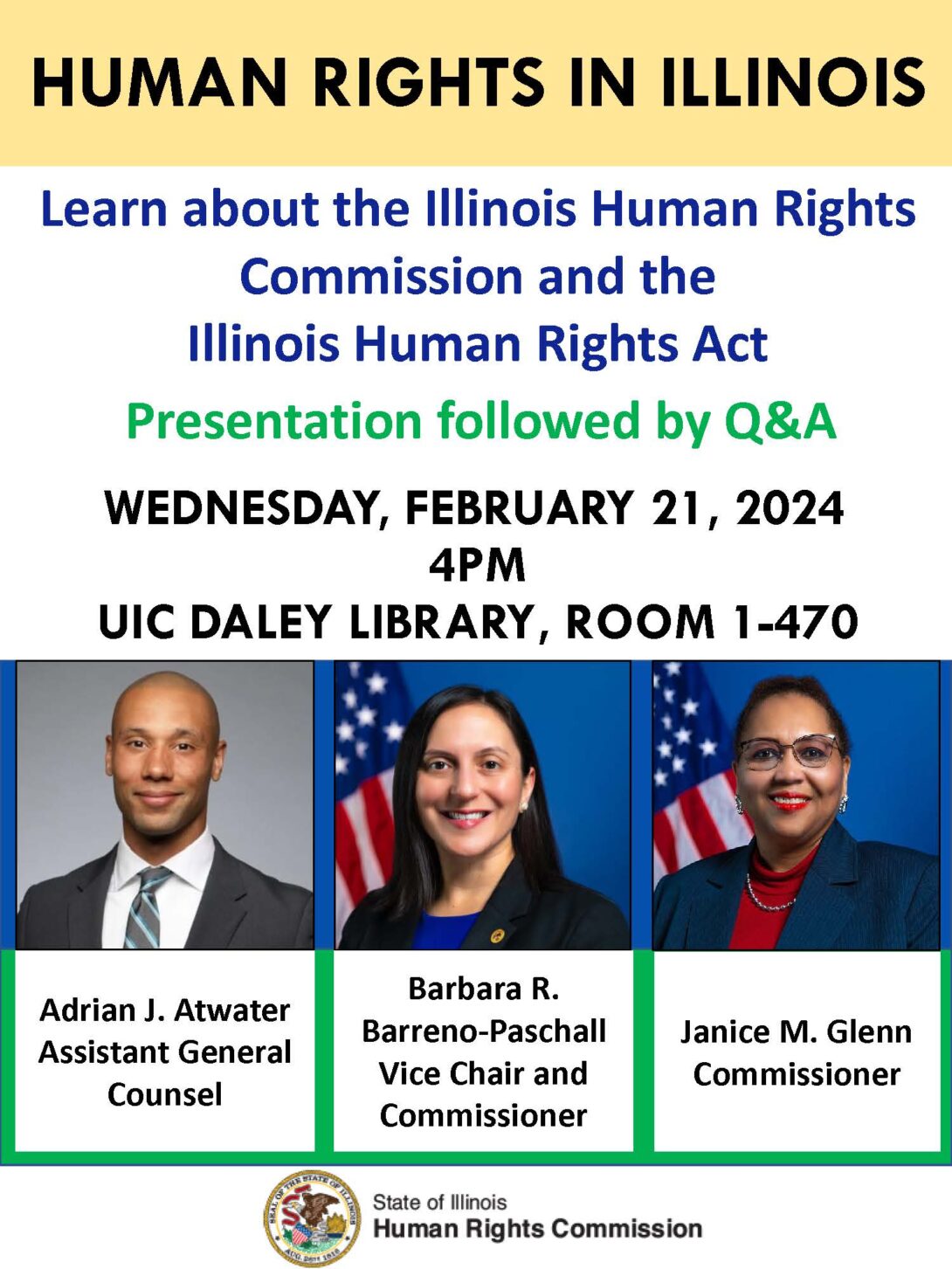 Illinois Human Rights Commission flyer for February 21, 2024 UIC presentation