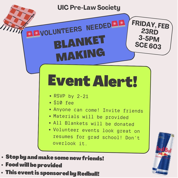 Pre-Law Society blanket making event flyer